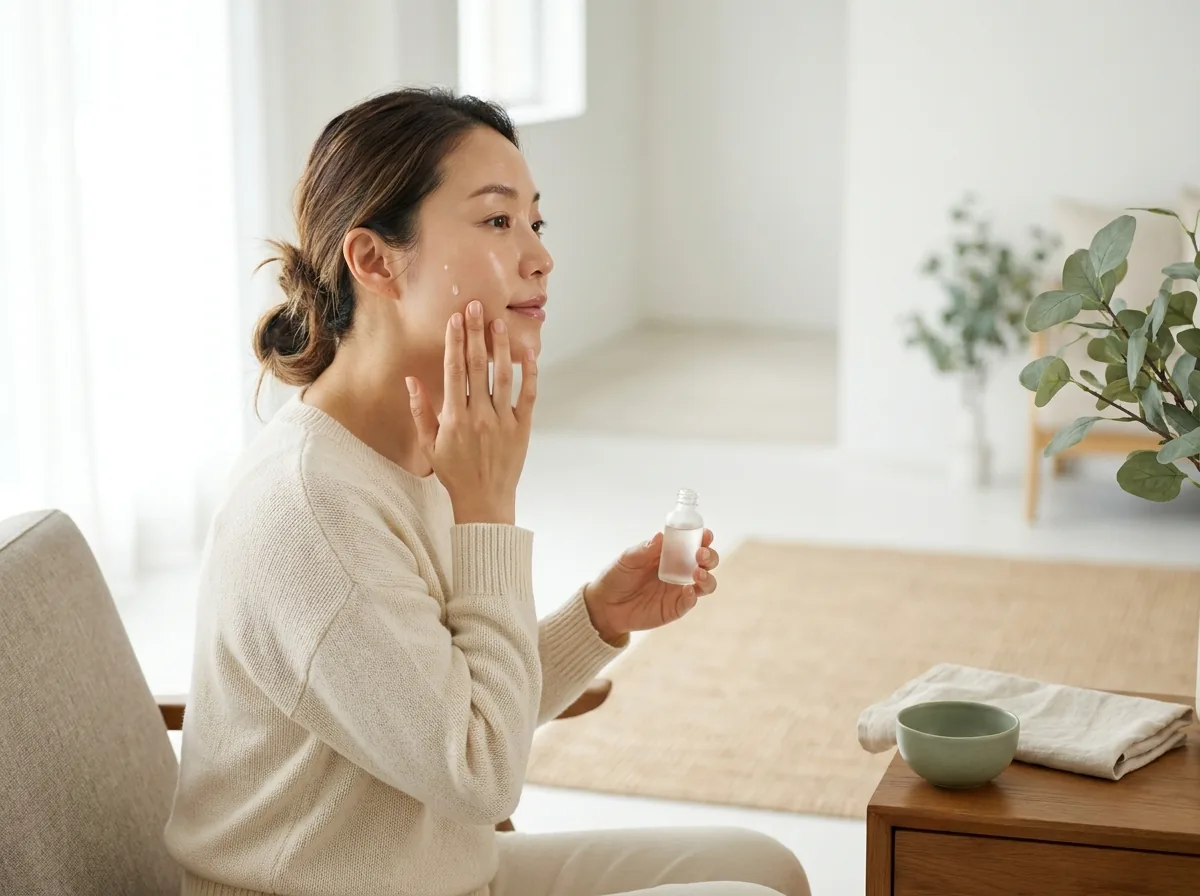 亞洲女性於窗旁塗抹護膚精華