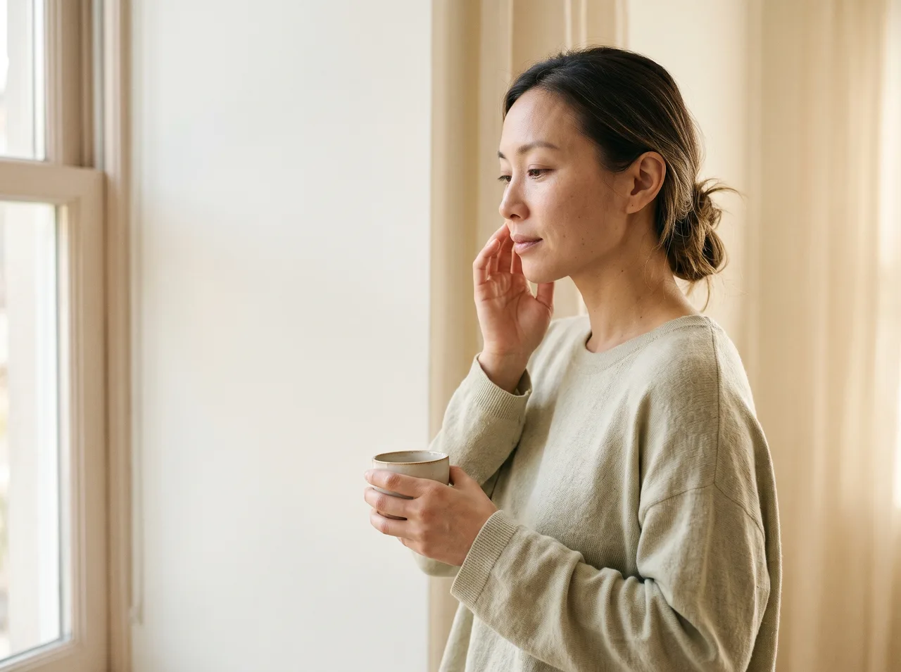 亞洲女性清晨喺窗邊飲咖啡