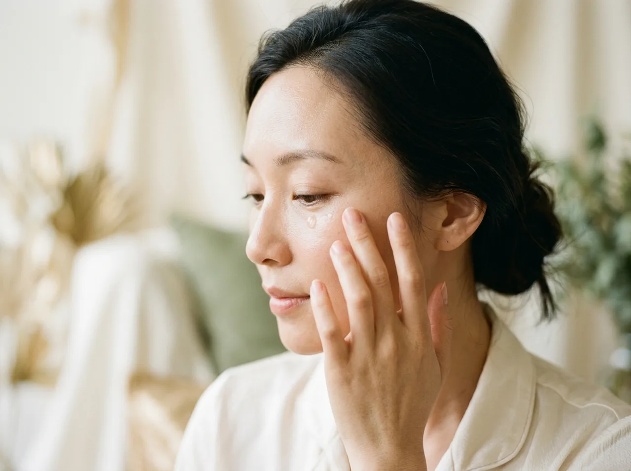 模特兒以無名指輕點眼周啫喱精華