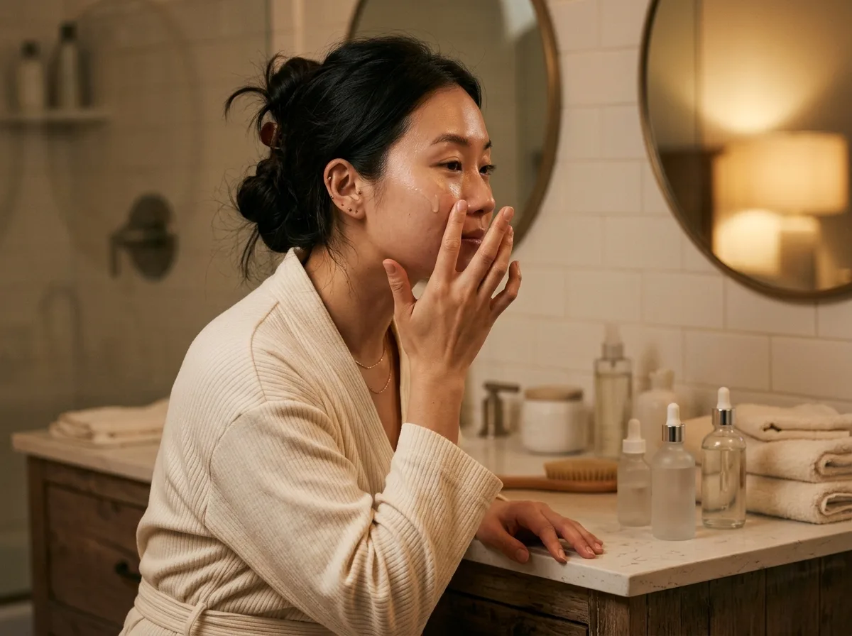 亞洲女性夜間護膚場景